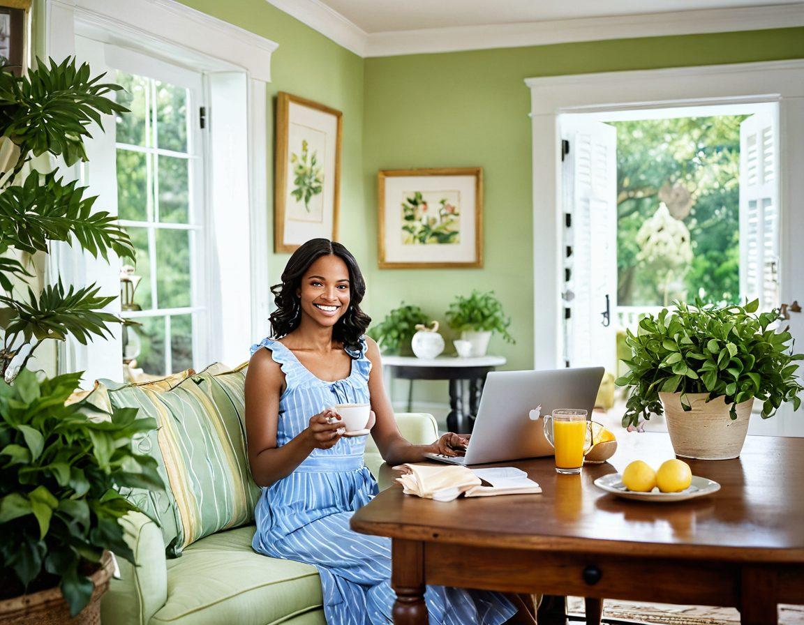 A warm, inviting scene depicting a smiling host in a charming Georgia home, surrounded by traditional Southern decor and lush greenery. Include elements symbolizing online payments, like a laptop and mobile devices, seamlessly integrated into the environment. The host is offering a sweet tea to a visitor, creating a sense of hospitality and connection. Soft, natural lighting and pastel colors enhance the cheerful atmosphere. vibrant colors. super-realistic. soft focus.