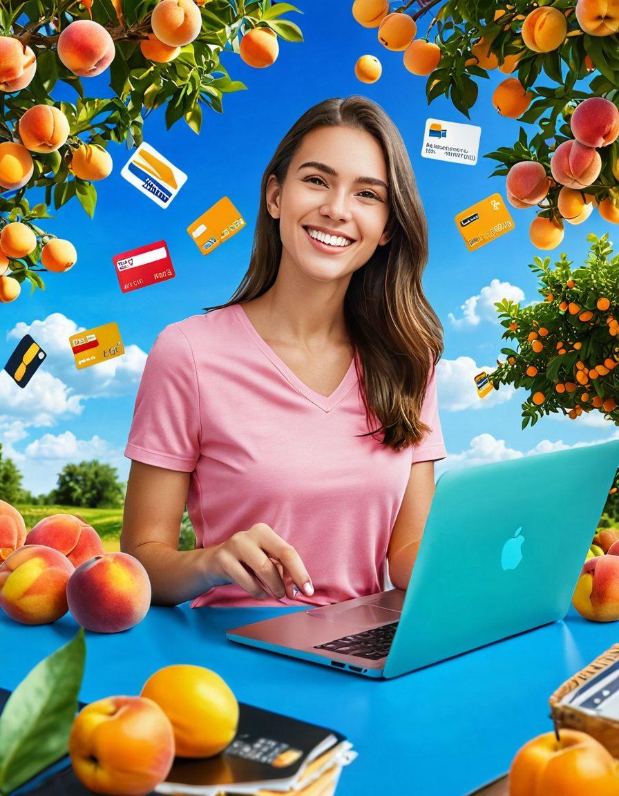 A cheerful shopper embracing a digital world, surrounded by icons of online payment methods like credit cards, digital wallets, and a laptop. The backdrop features Georgia's lush peach orchards, symbolizing the Peach State. Vibrant colors to enhance feelings of joy and ease in transactions. A bright blue sky and sunny atmosphere add to the positivity. super-realistic. vibrant colors. white background.