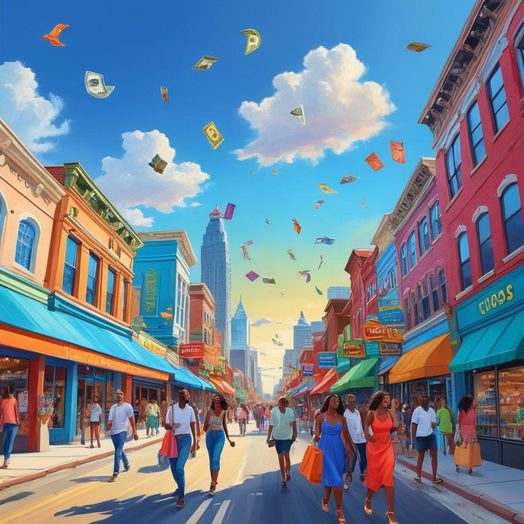 A whimsical illustration of a vibrant Georgia landscape, featuring the city skyline of Atlanta with colorful storefronts, happy shoppers carrying digital wallets, and money flying in the air. The scene is infused with elated expressions and diverse people interacting with online shopping devices against a sunny blue sky. Emphasize cheerful colors and a sense of community. vibrant colors. super-realistic.